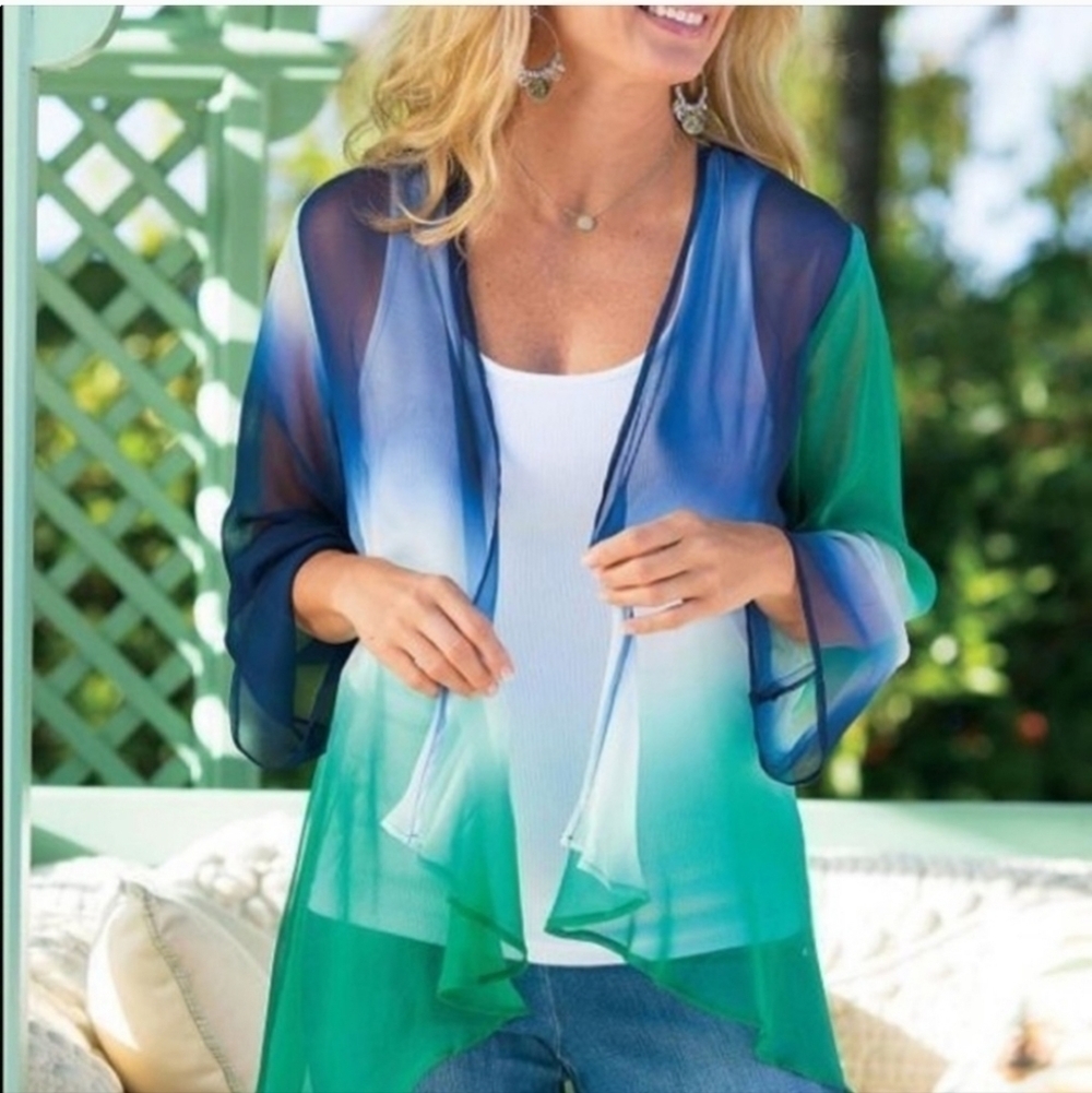 Soft Surroundings silk ombre blue green white cardigan cover up kimono petite